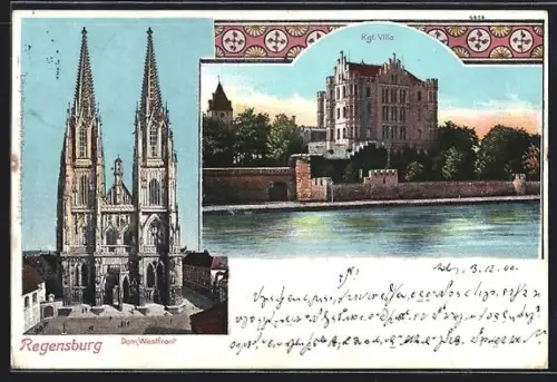 AK Regensburg, Dom Westfront, Kgl. Villa
