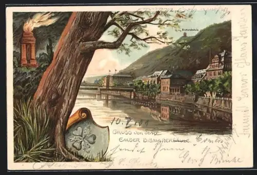 Lithographie Bad Ems, Emser Bismarcksäule, Rheinseite