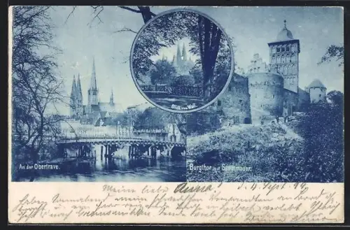 AK Kiel, Burgtor mit Stadtmauer, an der Obertrave, Blick auf Dom und Marienkirche