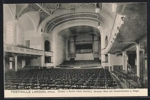 AK Landau /Pfalz, Festhalle, Grosser Saal mit Konzertnische und Orgel