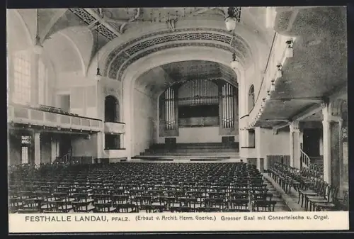 AK Landau /Pfalz, Festhalle, grosser Saal mit Konzertnische und Orgel