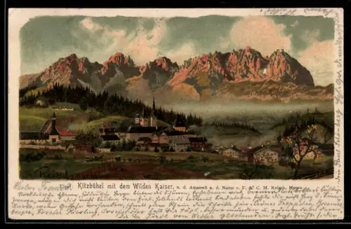 Künstler-AK F.A.C.M. Reisch: Kitzbühel, Panorama mit dem Wilden Kaiser