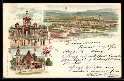 Lithographie Geneve, Exposition Nationale Suisse 1896, Ausstellungsgelände mit Pavillons