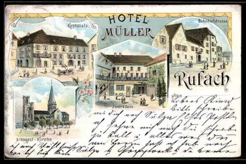 Lithographie Rufach, Partien an der Bahnhofstrasse, am Kirchplatz und Arbogast-Kirche