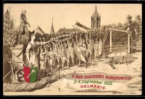 AK Colmar i. E., 2. Ober Elsässisches Bezirksturnfest 1905, mit Turnern, Wappen und Denkmal