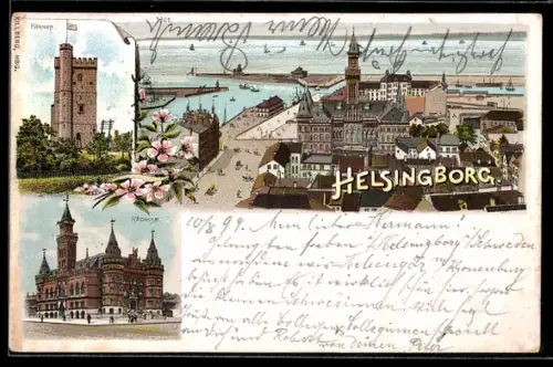 Lithographie Helsingborg, Hafenpanorama, Radhus & Kärnan