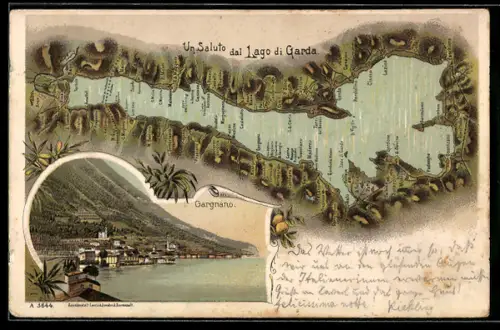 Lithographie Gargnano, Totalansicht und Karte des Gardasees mit Torri del Benaco und Raffa