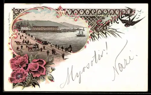Lithographie Smyrne, Hafenpartie mit Strassenbahn