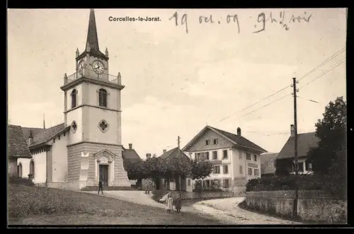AK Corcelles-le-Jorat, Une rue avec l`Église