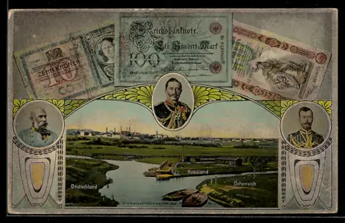 AK Myslowitz, Dreikaiserreichsecke: Zar Nikolaus II. von Russland, Kaiser Josef I. und Kaiser Wilhelm II.