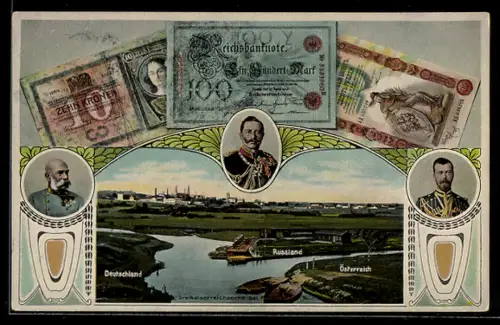 AK Myslowitz, Dreikaiserreichsecke: Zar Nikolaus II. von Russland, Kaiser Josef I. und Kaiser Wilhelm II.