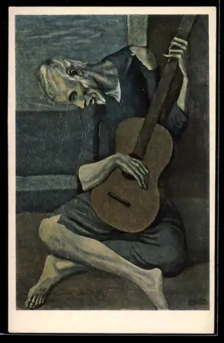 Künstler-AK sign. Pablo Picasso: Der Guitarrist, ausgestellt im Art Institute of Chicago
