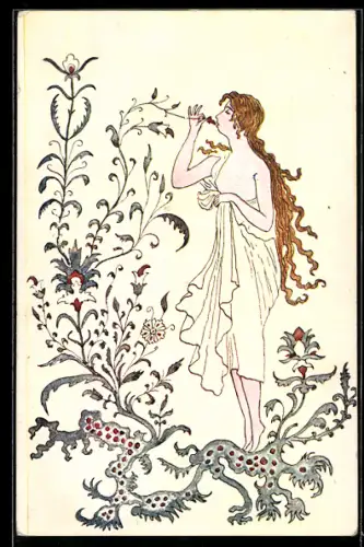 Künstler-AK sign. St. Eljasz Radzikowkski: Hübsche Frau in leichtem Gewand riecht an einer Blume, Jugendstil