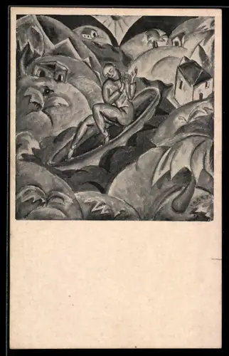 Künstler-AK sign. Carry Hauser: Mann in einem Boot zwischen Häusern, Einsamer Schiffer