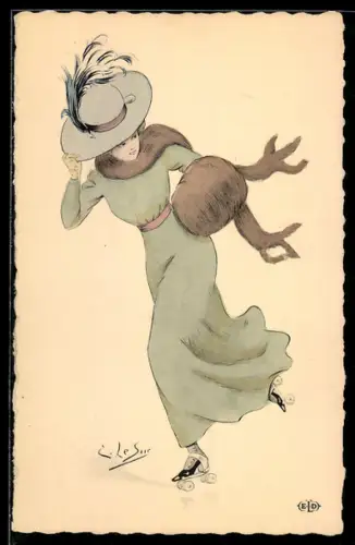 Künstler-AK sign. E. Lesur: Elegante Dame mit Schal und Muff auf Rollschuhen