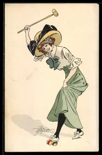 Künstler-AK sign. Prejelan: Dame vergnügt sich beim Boccia
