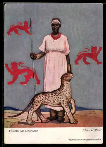 Künstler-AK sign.: Allard L`Olivier, femme au leopard