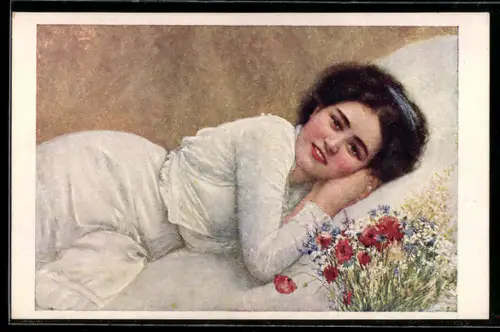 Künstler-AK sign. J. Zenisek: Hübsche Frau mit Blumen