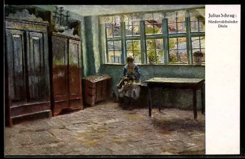 Künstler-AK sign. Julius Schrag: Niedersächsische Diele