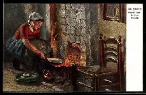 Künstler-AK sign. Jul. Schrag: Beim Pfannkuchenbacken
