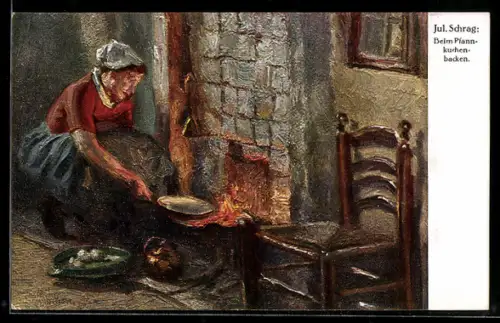 Künstler-AK sign. Julius Schrag: Beim Pfannkuchenbacken