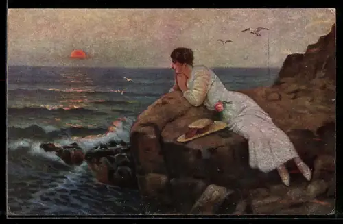 Künstler-AK sign. A. Heleng: Frau am Meeresstrand in Gedanken versunken