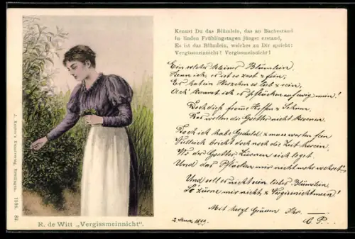 Künstler-AK sign. R. de Witt: Frau beim Pflücken von Vergissmeinnicht