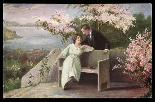 Künstler-AK sign. C. Weber: Paar zwischen blütenbestandenen Bäumen
