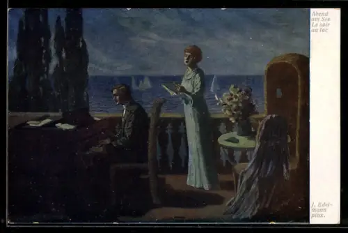 Künstler-AK sign. J. Edelmann: Abend am See