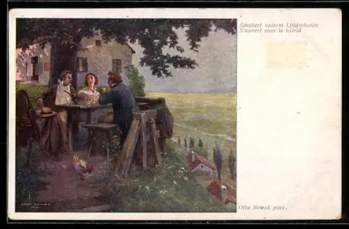 Künstler-AK Komponist Franz Schubert sitzt unter einem Lindenbaum