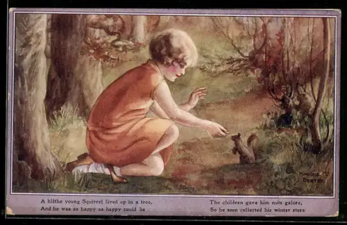Künstler-AK sign. Dexter: Kind füttert ein Eichhörnchen