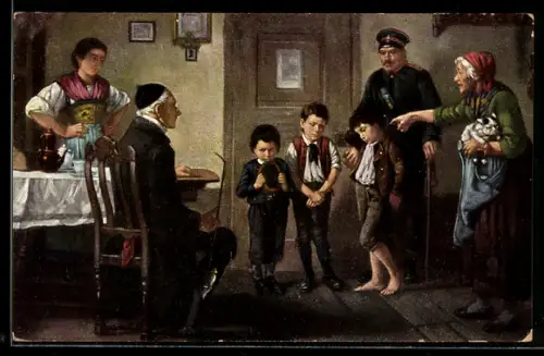 Künstler-AK sign. B. Vautier: Verhör beim Schulmeister