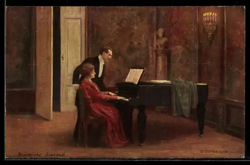 Künstler-AK sign. E. Schneider: Paar beim Klavierspielen