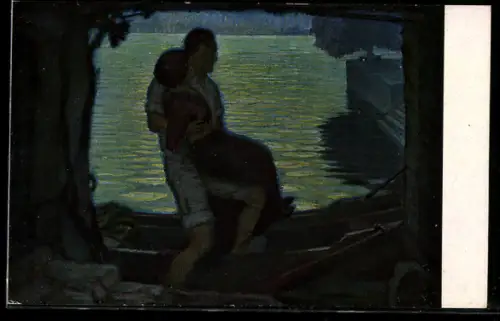 Künstler-AK sign. Paul Weiss: Mann entführt Frau mit einem Boot