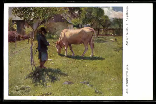 Künstler-AK Ochse auf der Weide, Bauernjunge betrachtet ihn
