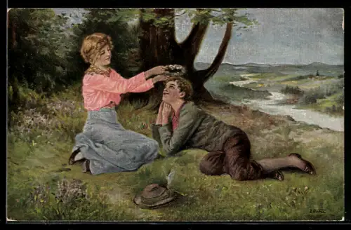 Künstler-AK sign. B. Dietze: Frau setzt jungem Mann Blütenkranz auf