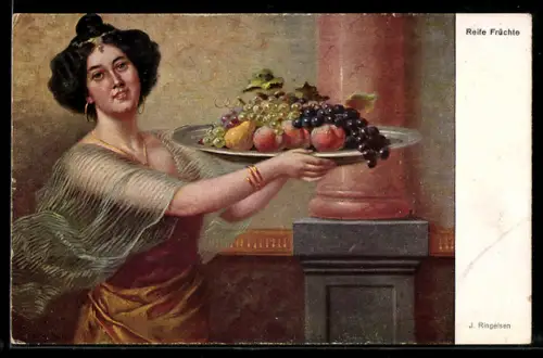 Künstler-AK sign. J. Ringseisen: Frau mit reifen Früchten auf einer Schale