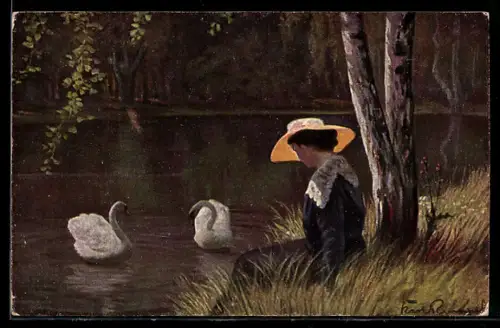Künstler-AK sign. K. Rumpel: Junge Frau mit Hut am Schwanenteich