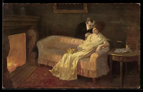 Künstler-AK sign. E. Schneider: Paar am Kamin