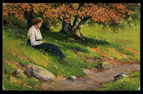 Künstler-AK sign. W. Merker: Frau am Wegesrand im Herbst