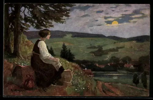 Künstler-AK sign. K. v. Rozynski: Junge Frau in sehnsüchtiger Stimmung