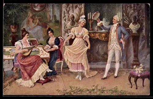 Künstler-AK Paar in Abendgarderobe beim Tanz, Frauen musizieren an Klavier und Laute