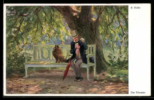 Künstler-AK sign. P. Halke: Der Privatier, Mann sitzt mit einem Hund auf der Parkbank