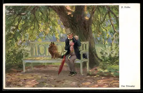 Künstler-AK sign. P. Halke: Der Privatier, Mann sitzt mit einem Hund auf der Parkbank