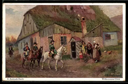 Künstler-AK Wohlgemuth & Lissner, Primus-Postkarte No. 6028: Willkommene Gäste, Soldaten auf Rössern