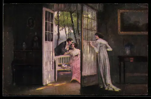 Künstler-AK sign. E. Schneider: Junge Frau belauscht Paar im Gespräch