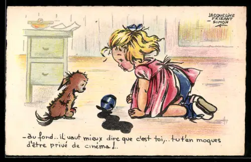 Künstler-AK sign. Jacqueline Faizant Simon: Mädchen und kleiner Hund mit umgestossenen Tintenfass