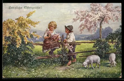 Künstler-AK M.Munk Nr. 1133: Herzliche Ostergrüsse, Kinder mit Lämmern