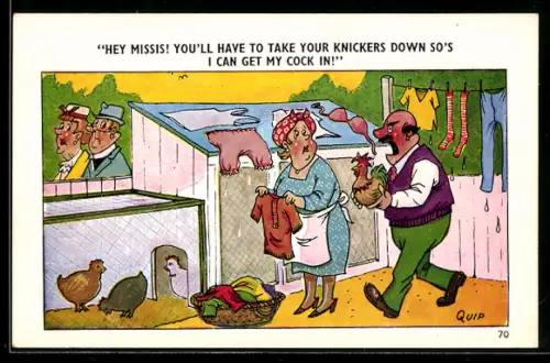 Künstler-AK sign. Quip: Frau beim Aufhängen der Wäsche, aufgeregter Mann mit Hahn