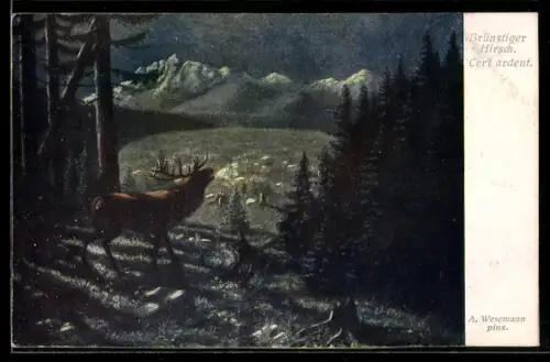 Künstler-AK R. Petko, Brünstiger Hirsch